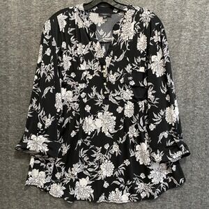 Cocomo Woman Tunic Top Womens 2X Black Floral Roll Tab Stretch Popover Office